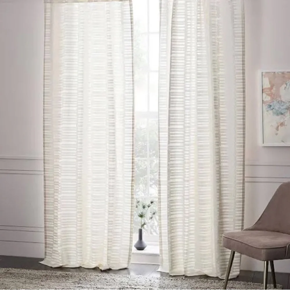 🌿 (Set of 2) West Elm Mixed Stripes Jacquard Curtain Panel – 48x96 — Cream